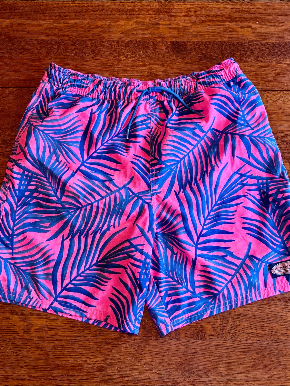 Vineyard Vines Pink and Navy Palm-Print Swim Trunks